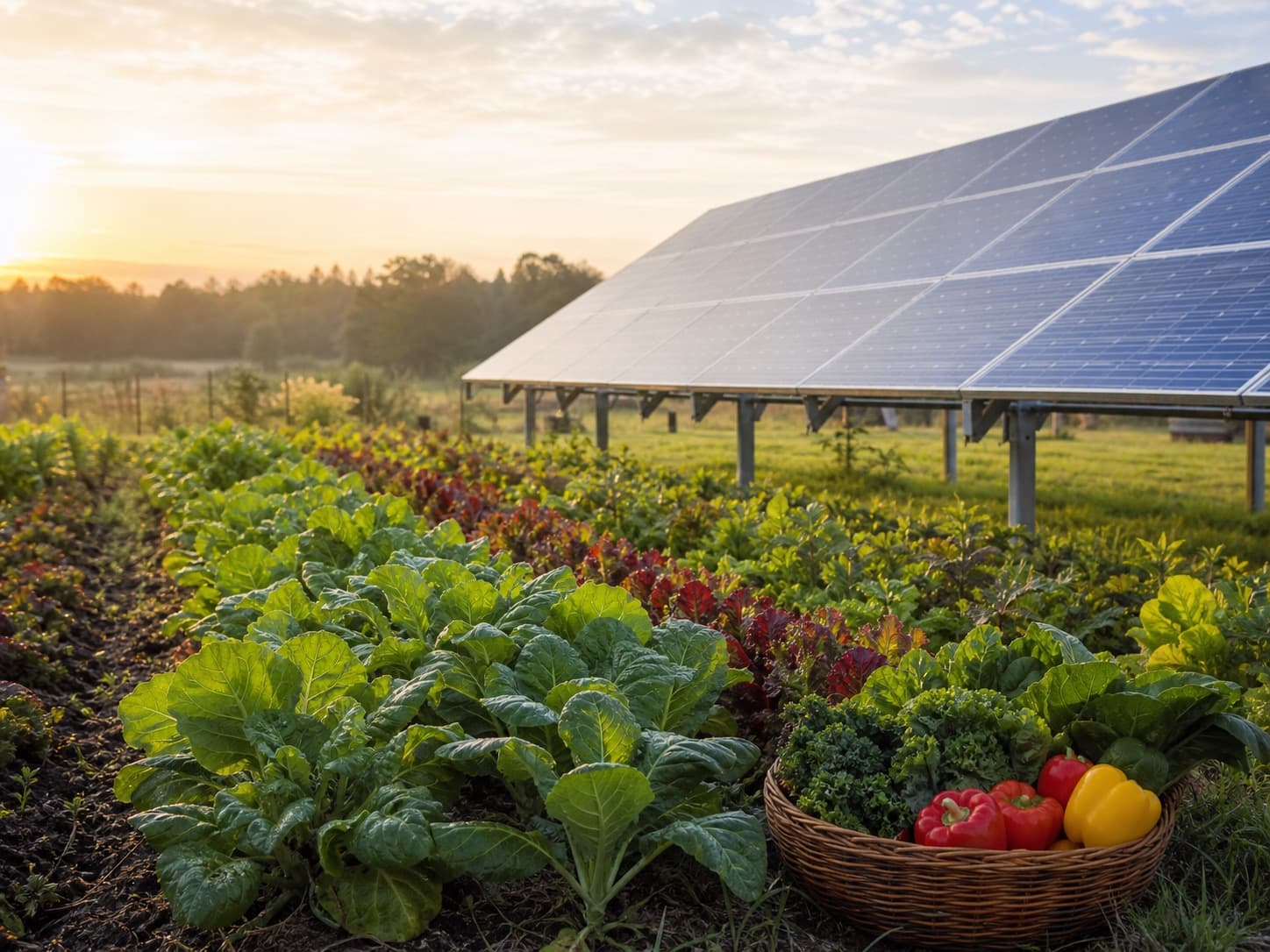 Farm and solar landscape imagery.